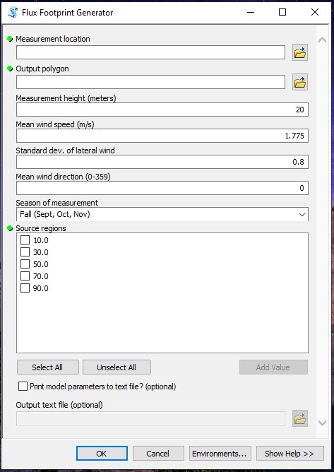 The ArcFootprint dialog box. View the report (PDF) at the top of this page for more details on each input field.