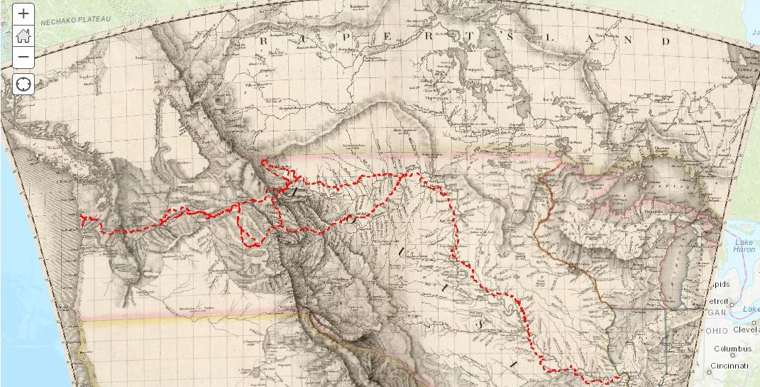 Screenshot: WMTS tiles of a 1820 map of North America, from the David Rumsey Map Collection, overlayed with the path of Lewis & Clark's journey